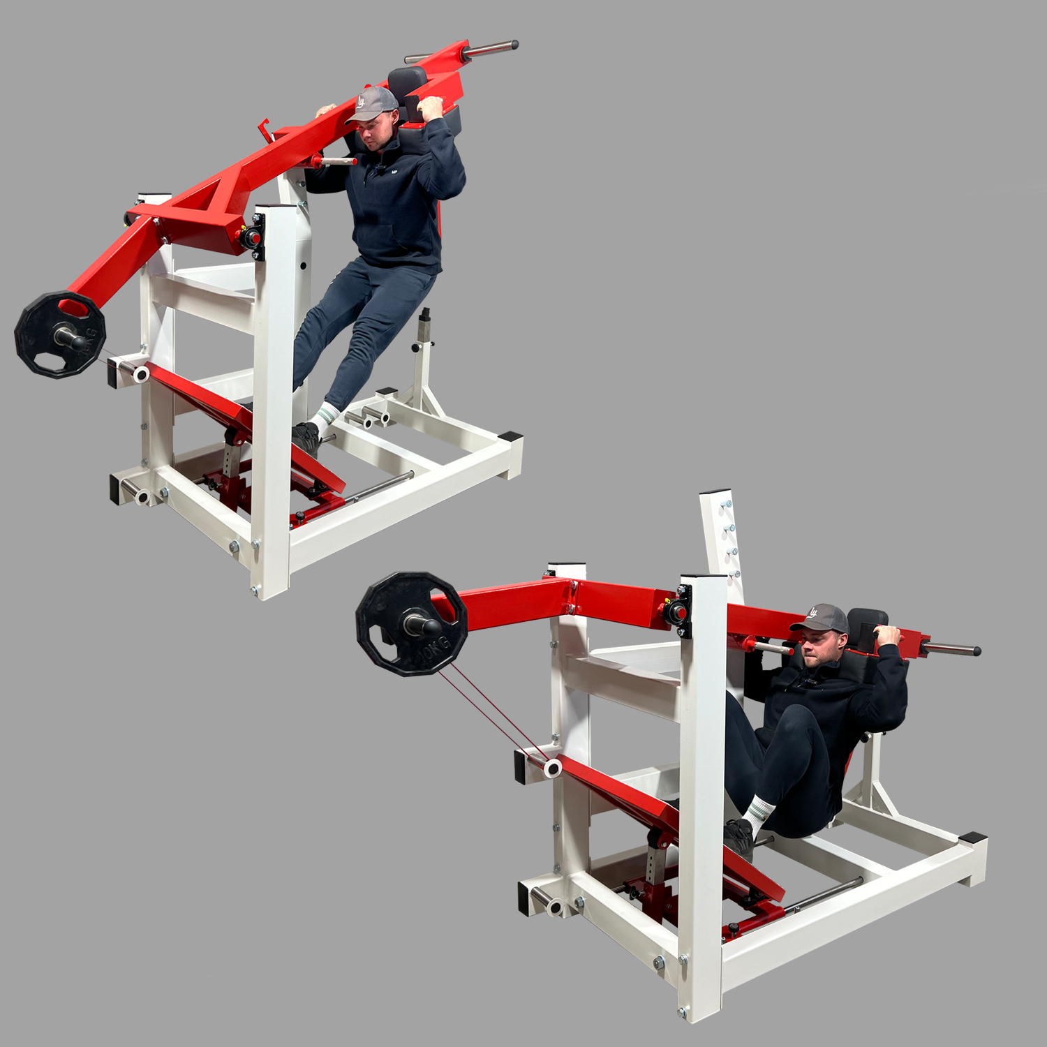 Pendulum squat machines with counterweight